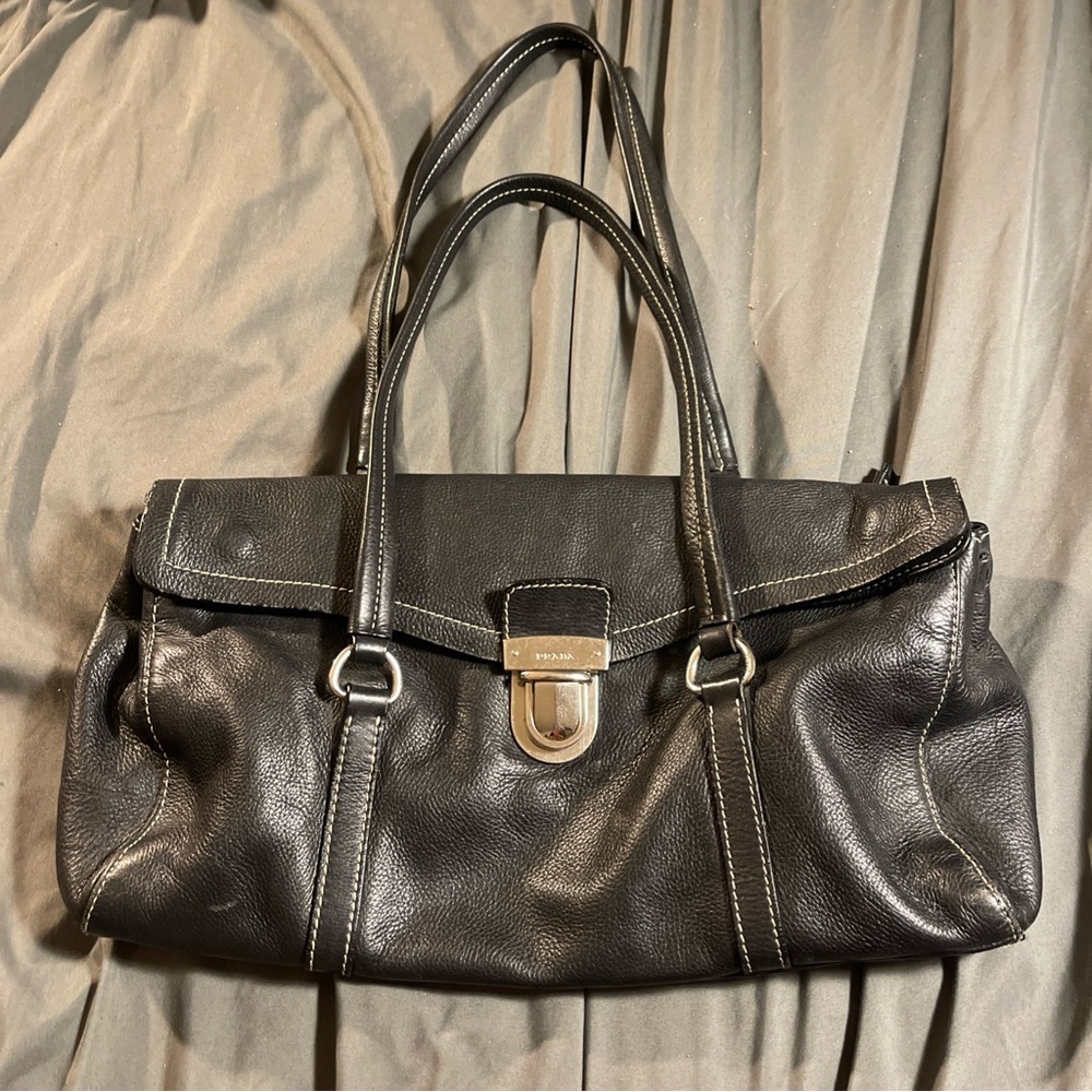 PRADA Leather Shoulder Bag Silver Hardware Buckle Closure Logo Accent for Women